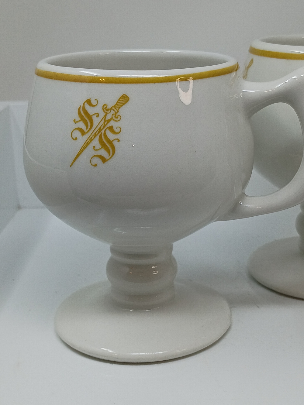 Sterling China, White Ceramic Pedestal Mugs with Gold Trim & Emblem - Set of 2 - Picture 10 of 12
